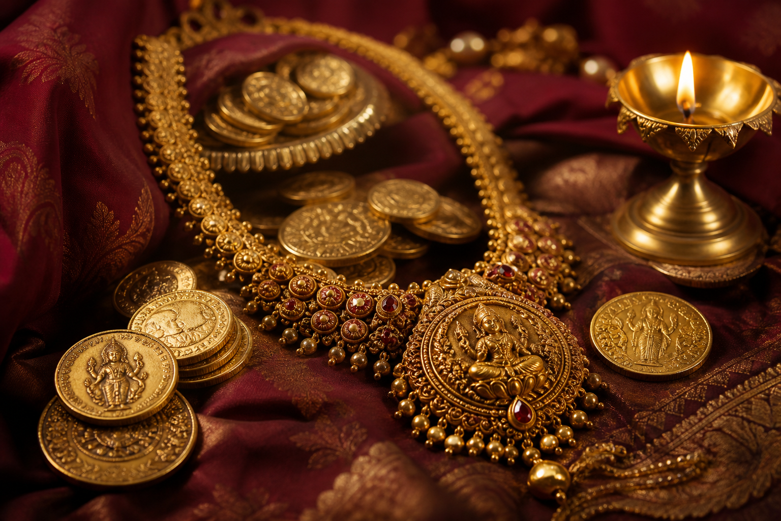 AI HD visualization — ancient Indian gold coins with traditional temple jewellery on burgundy silk
