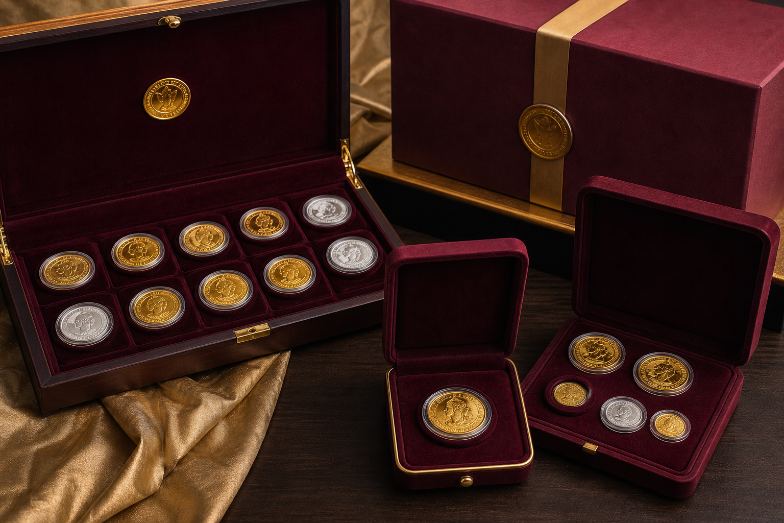 AI HD visualization — modern BIS hallmarked gold and silver coin collection