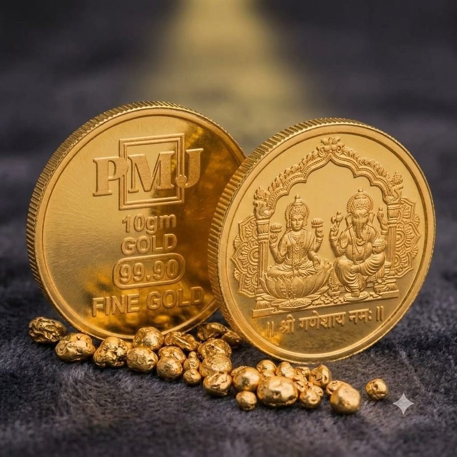 PMJ 10g gold coins standing with gold nuggets